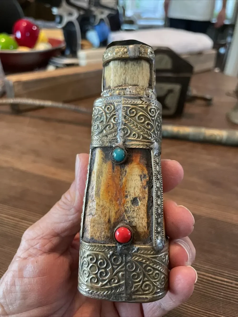 Vntg Carved Snuff Bottle Bovine Bone Silver Brass Turquoise Coral 5”Tibetan